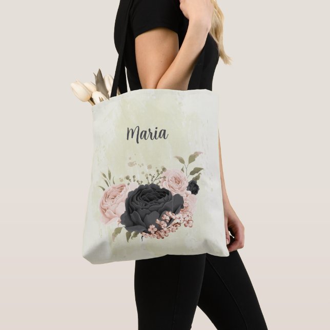 Tote Bag fleurs noires rose (De près)