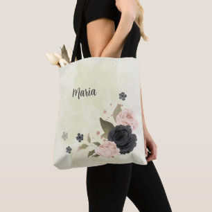 Tote Bag fleurs noires rose