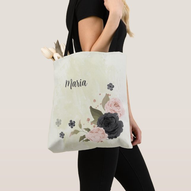 Tote Bag fleurs noires rose (De près)