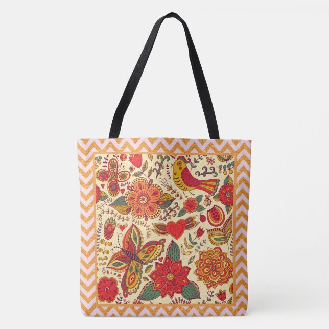Tote Bag Fleurs Oiseaux et papillons Boho Chic (Devant)
