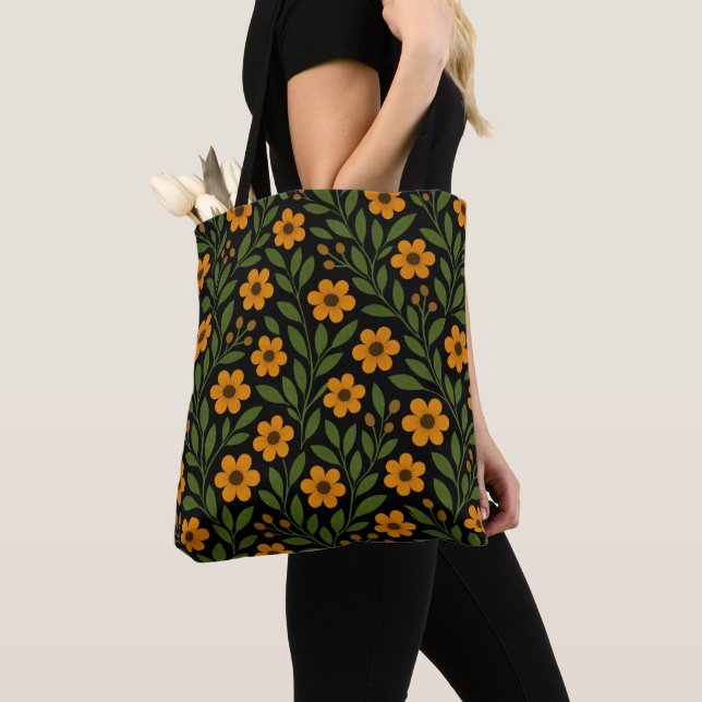 Tote Bag Fleurs orange et feuilles vertes  (De près)