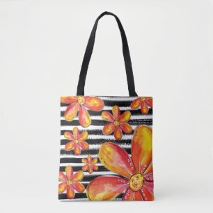 Tote Bag Fleurs orange sur bandes noires