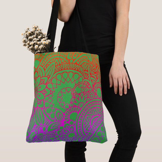 Tote Bag Fleurs orange violet et fond vert clair  (De près)