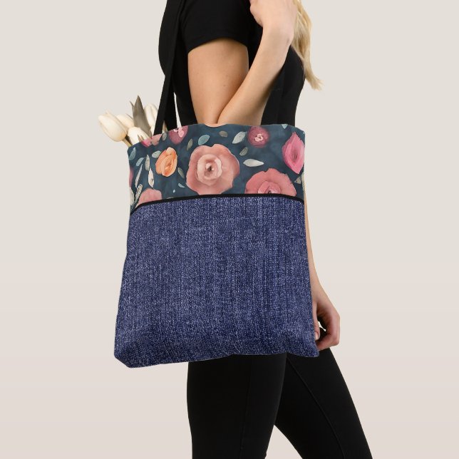 Tote Bag Fleurs orangées et roses et denim (De près)