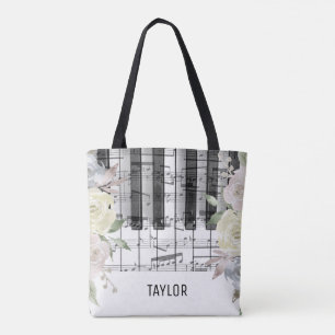 Tote Bag fleurs pâles notes de musique piano