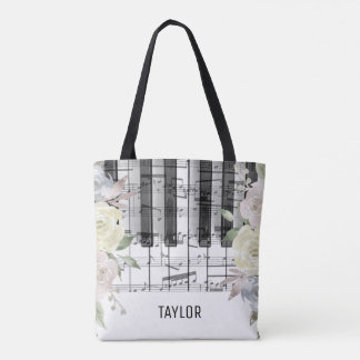 Tote Bag fleurs pâles notes de musique piano