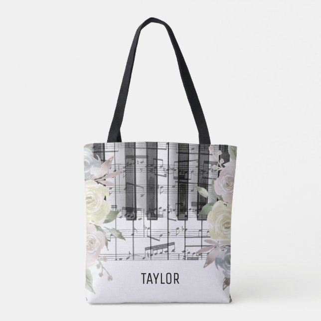 Tote Bag fleurs pâles notes de musique piano (Dos)