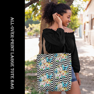 Tote Bag Fleurs Papillon Motif Noir Blanc Verre Grandes