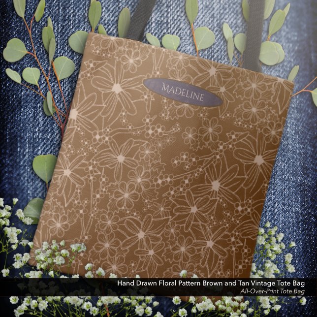 Tote Bag Fleurs Pays Main Tirée Motif Rustique Brown (Tote Bag: Hand Drawn Floral Pattern in Vintage Brown and Tan with the Owner's Name in Dark Purple.)