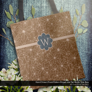 Tote Bag Fleurs Pays Main Tirée Motif Rustique Brown