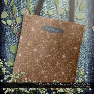 Tote Bag Fleurs Pays Main Tirée Motif Rustique Brown