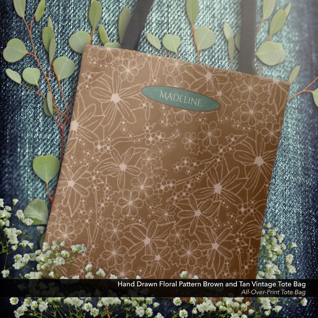 Tote Bag Fleurs Pays Main Tirée Motif Rustique Brown (Tote Bag: Hand Drawn Floral Pattern in Vintage Brown and Tan with the Owner's Name in Forest Green.)