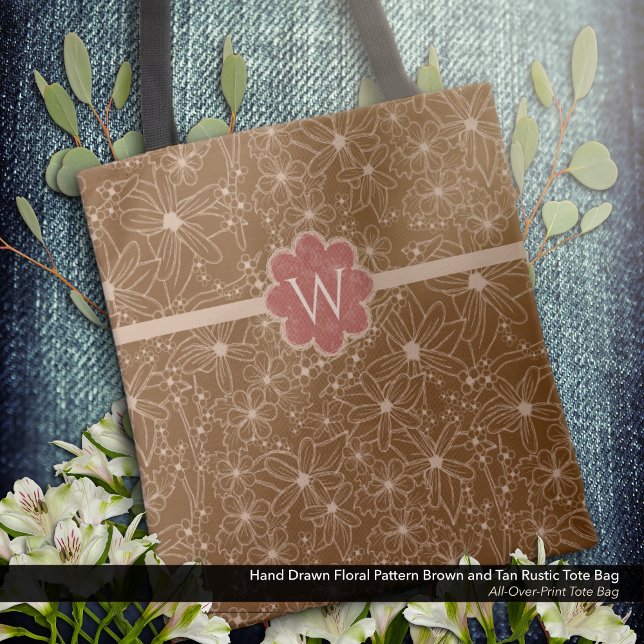 Tote Bag Fleurs Pays Main Tirée Motif Rustique Brown (Tote Bag: Rustic Hand Drawn Floral Pattern in Brown and Tan with Distressed Brick Red Monogram.)