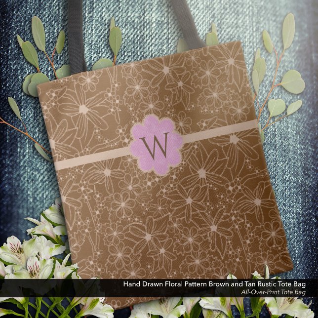 Tote Bag Fleurs Pays Main Tirée Motif Rustique Brown (Tote Bag: Rustic Hand Drawn Floral Pattern in Brown and Tan with a Distressed Soft Pink Monogram.)