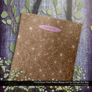 Tote Bag Fleurs Pays Main Tirée Motif Rustique Brown À