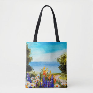 Tote Bag fleurs peintes à l'huile près de la mer, champ de