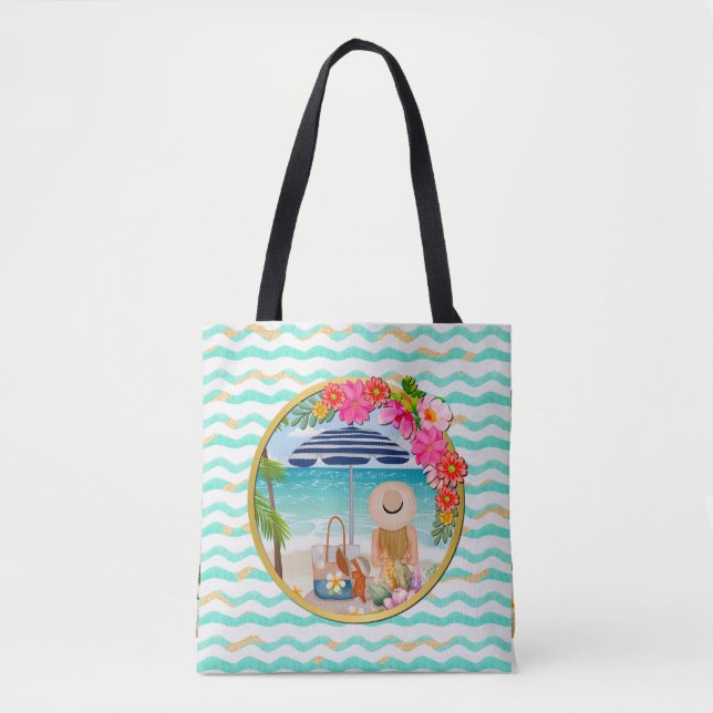 Tote Bag Fleurs personnalisées avec cercle doré sur fond ti (Devant)