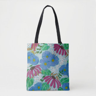 Tote Bag Fleurs printanières Périwinkle bleu et rose Fourre