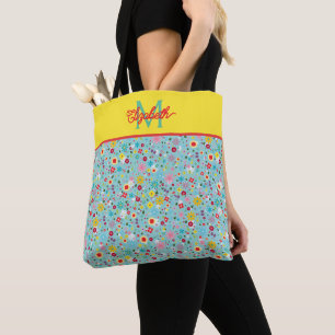 Tote Bag Fleurs printanières sur monogramme bleu aqua