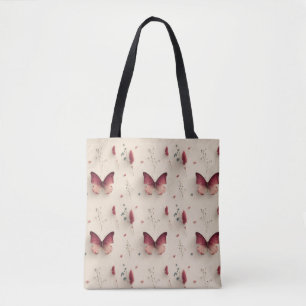 Tote Bag Fleurs printanières vintage & papillon rose tendre