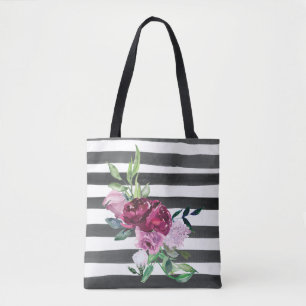 Tote Bag Fleurs rayées noir et blanc
