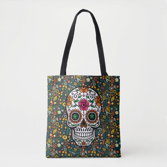 Tote Bag Fleurs rétro colorées Motif & Crâne à sucre (Devant)