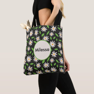 Tote Bag Fleurs Retro Daisy sur nom personnalisé noir