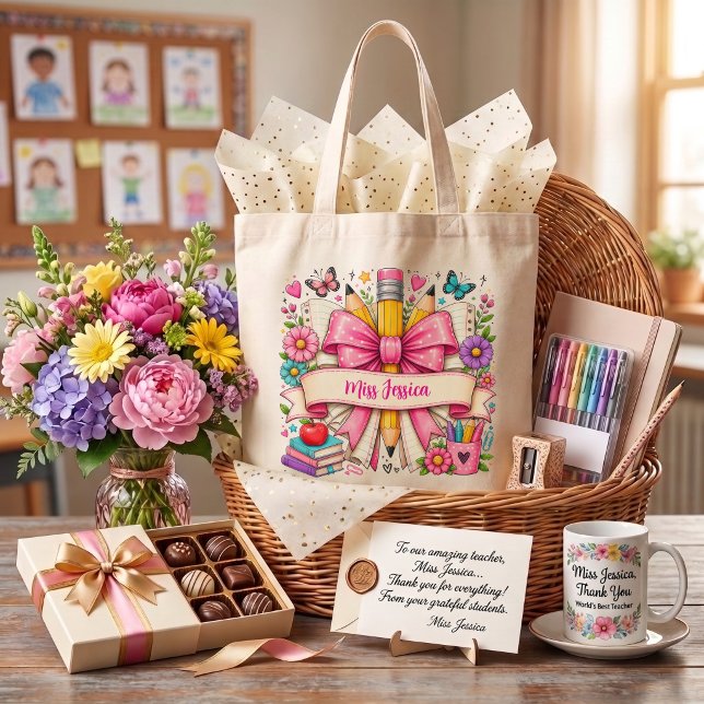 Tote Bag Fleurs Rétro Mignonnes Rose Cartoon Crayon Enseign (Créateur téléchargé)