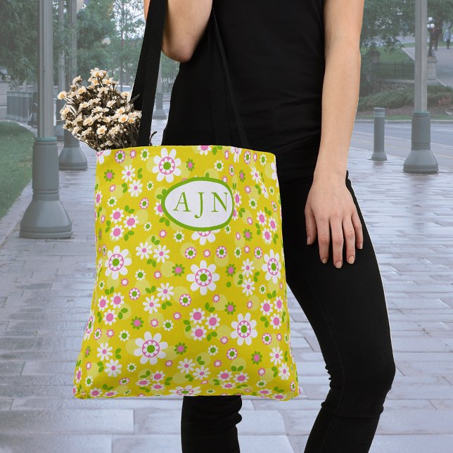 Tote Bag Fleurs Rétro Mod Jaune & Blanc Monogramme (Créateur téléchargé)