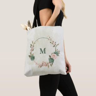 Tote Bag fleurs rose brun vert sage