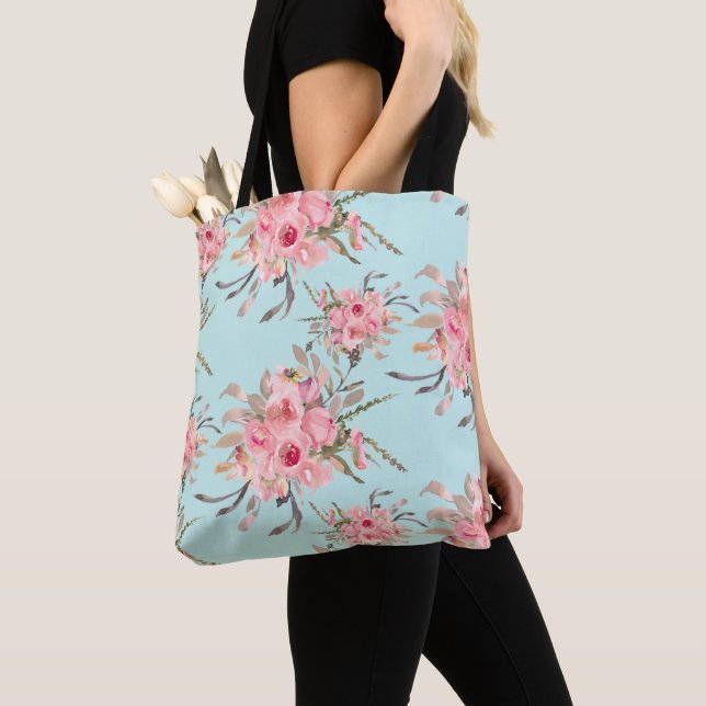 Tote Bag Fleurs rose pâle sur bleu clair (De près)