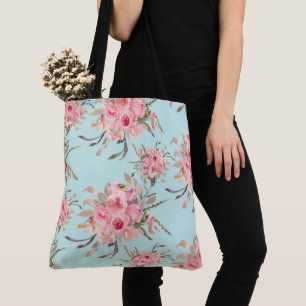 Tote Bag Fleurs rose pâle sur bleu clair