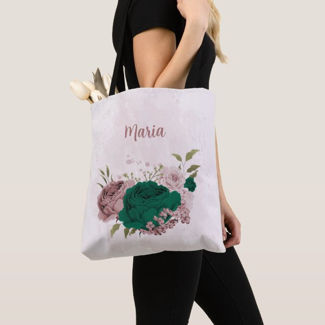Tote Bag fleurs rose vert émeraude (De près)