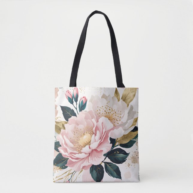 Tote Bag Fleurs roses et blanches modernes Foliage vert et  (Devant)