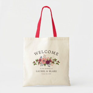 Tote Bag Fleurs roses et bordeaux Mariage Bienvenue
