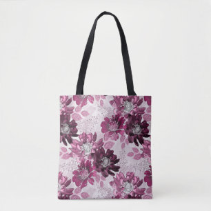 Tote Bag Fleurs roses et bordeaux sur rose poussiéreux
