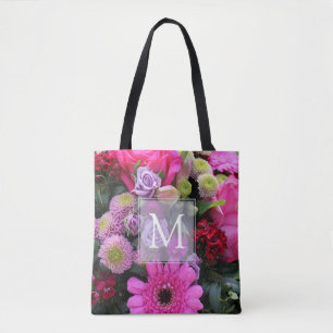 Tote Bag Fleurs roses et violettes Monogramme personnalisé
