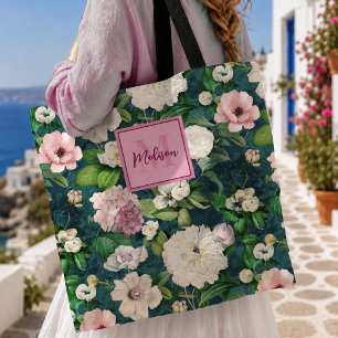 Tote Bag Fleurs roses florales élégantes motif monogramme v