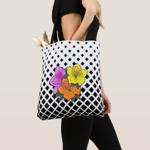 Tote Bag Fleurs roses jaunes orange sur Graphisme blanc noi