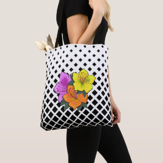 Tote Bag Fleurs roses jaunes orange sur Graphisme blanc noi