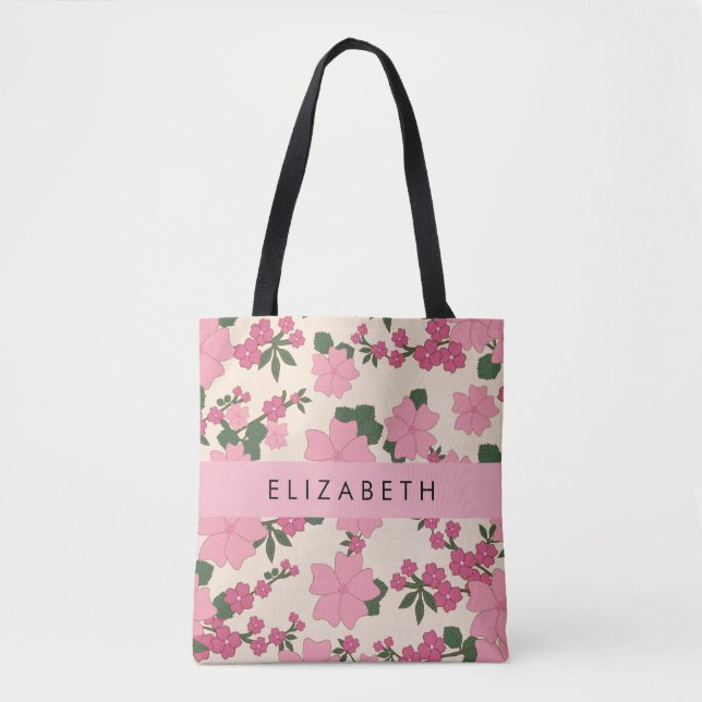 Tote Bag Fleurs Roses, Motif De Fleurs, Votre Nom (Devant)