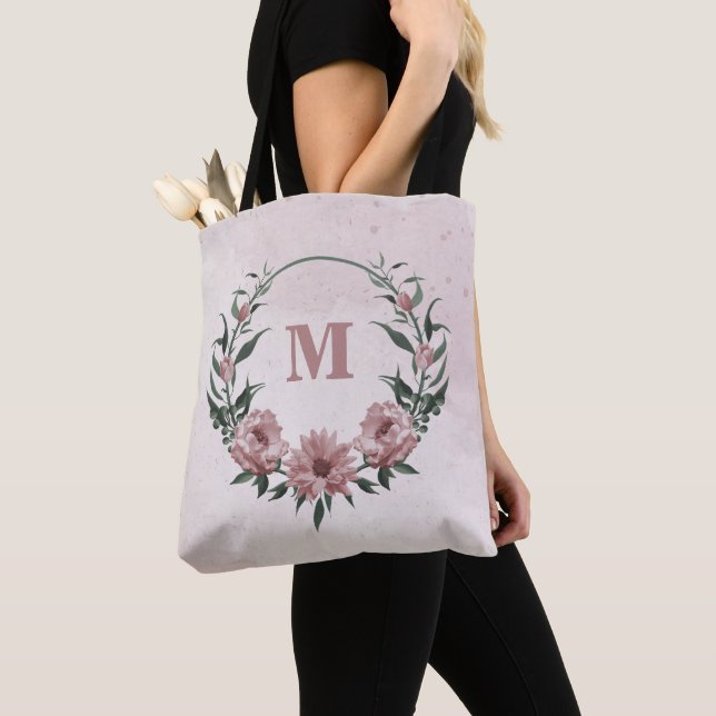 Tote Bag Fleurs roses romantiques & feuilles verts (De près)