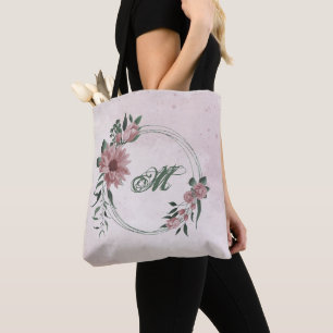 Tote Bag Fleurs roses romantiques & feuilles verts