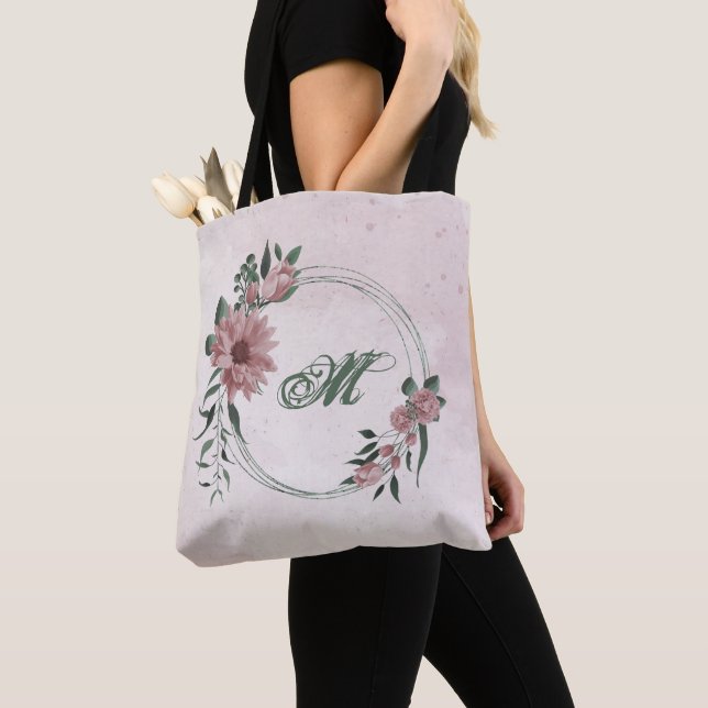 Tote Bag Fleurs roses romantiques & feuilles verts (De près)
