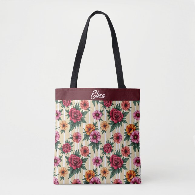 Tote Bag Fleurs roses rouges et or sur bandes tan (Devant)
