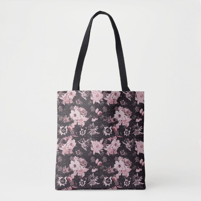 Tote Bag Fleurs roses sur fond sombre (Devant)