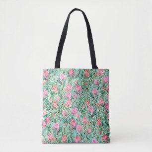 Tote Bag Fleurs roses, vert sauge, sans soudure.