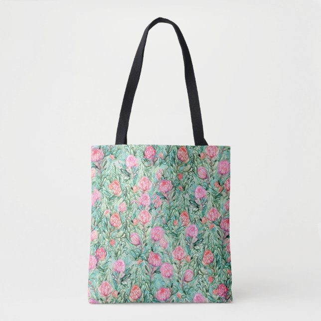 Tote Bag Fleurs roses, vert sauge, sans soudure. (Devant)