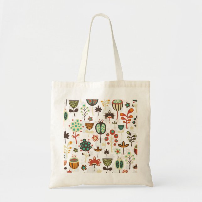 Tote Bag Fleurs Rouge Vert Et Brown Rétro (Devant)