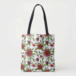 Tote Bag Fleurs rouges abstraites et feuilles verts sur fon